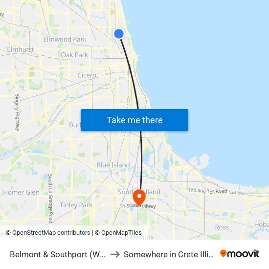Belmont & Southport (West) to Somewhere in Crete Illinois map
