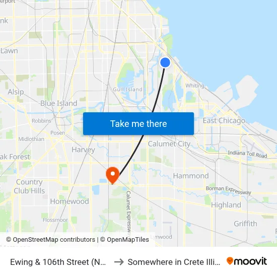 Ewing & 106th Street (North) to Somewhere in Crete Illinois map