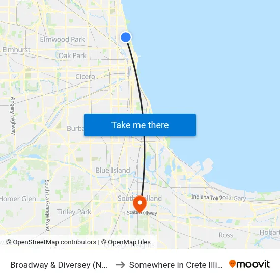 Broadway & Diversey (North) to Somewhere in Crete Illinois map