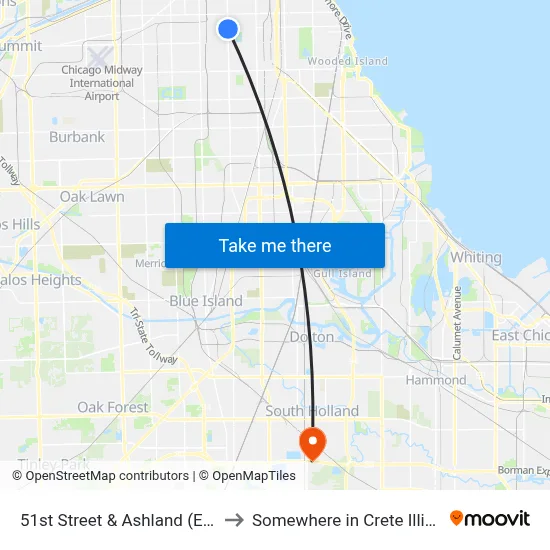 51st Street & Ashland (East) to Somewhere in Crete Illinois map