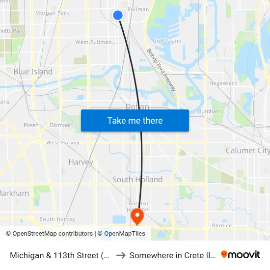 Michigan & 113th Street (North) to Somewhere in Crete Illinois map