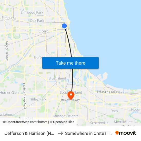 Jefferson & Harrison (North) to Somewhere in Crete Illinois map