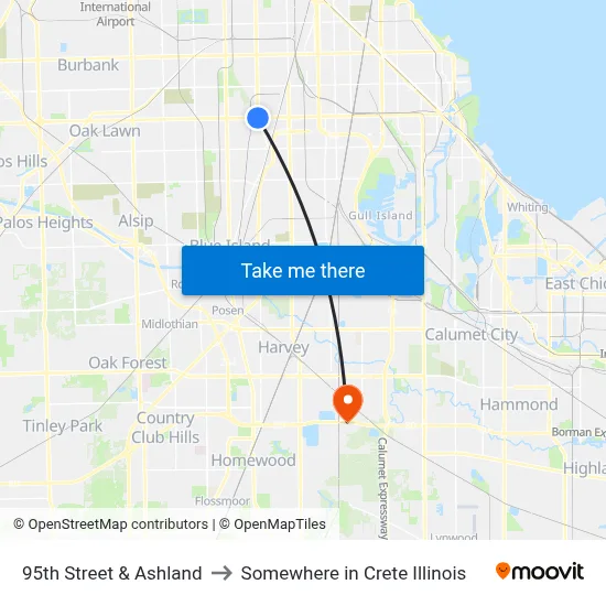 95th Street & Ashland to Somewhere in Crete Illinois map