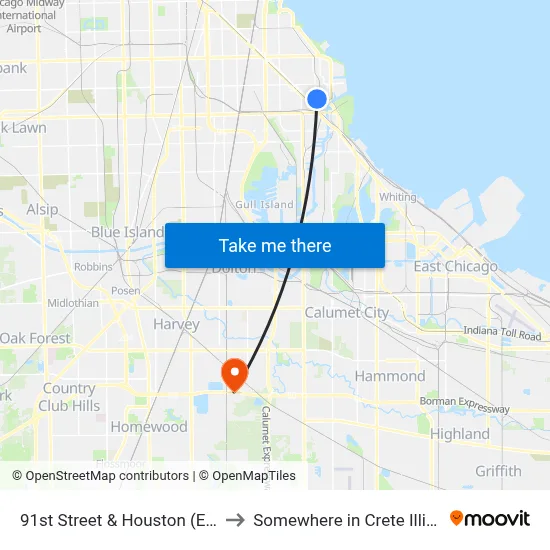 91st Street & Houston (East) to Somewhere in Crete Illinois map