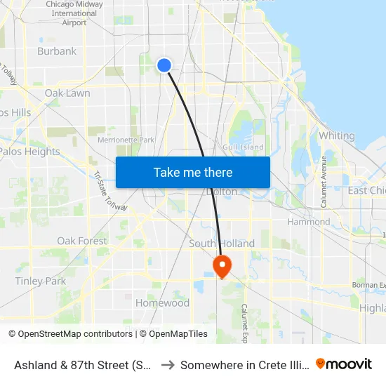 Ashland & 87th Street (South) to Somewhere in Crete Illinois map
