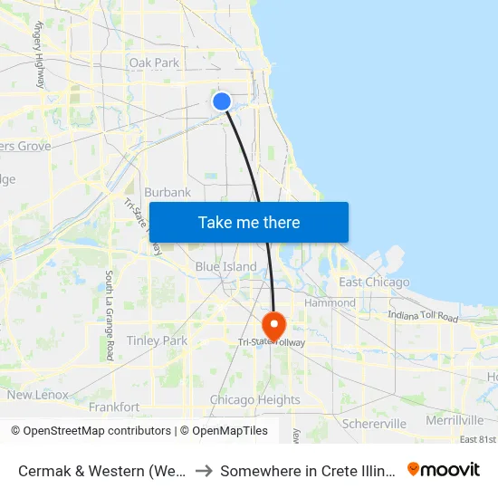 Cermak & Western (West) to Somewhere in Crete Illinois map
