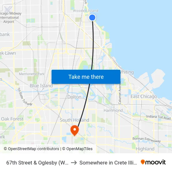 67th Street & Oglesby (West) to Somewhere in Crete Illinois map