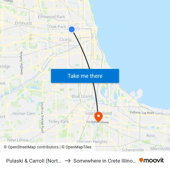 Pulaski & Carroll (North) to Somewhere in Crete Illinois map