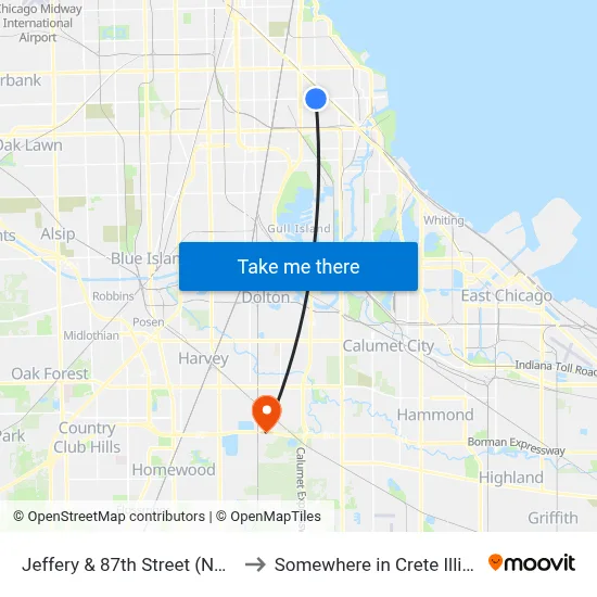 Jeffery & 87th Street (North) to Somewhere in Crete Illinois map