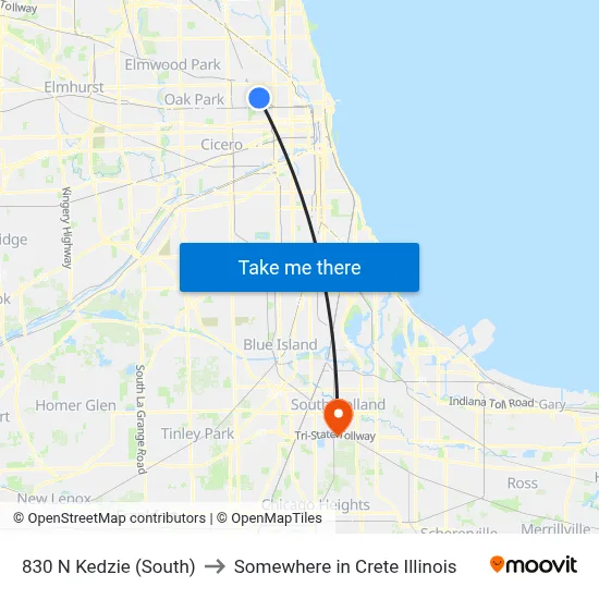 830 N Kedzie (South) to Somewhere in Crete Illinois map