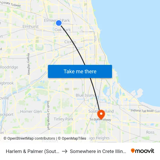 Harlem & Palmer (South) to Somewhere in Crete Illinois map