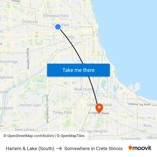 Harlem & Lake (South) to Somewhere in Crete Illinois map