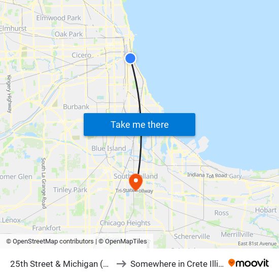 25th Street & Michigan (East) to Somewhere in Crete Illinois map