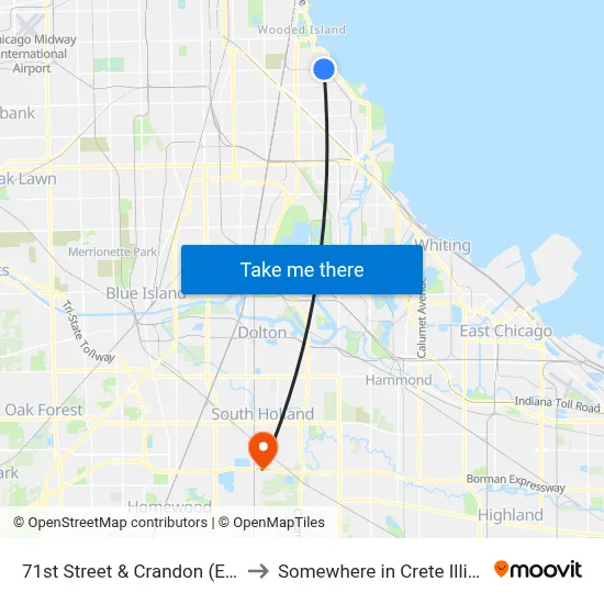 71st Street & Crandon (East) to Somewhere in Crete Illinois map