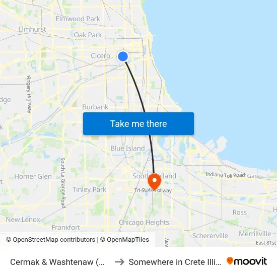 Cermak & Washtenaw (West) to Somewhere in Crete Illinois map