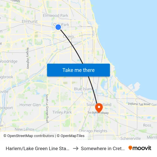Harlem/Lake Green Line Station (West) to Somewhere in Crete Illinois map