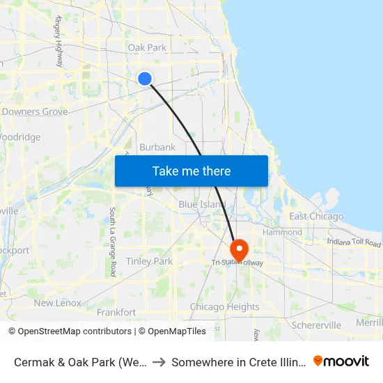 Cermak & Oak Park (West) to Somewhere in Crete Illinois map