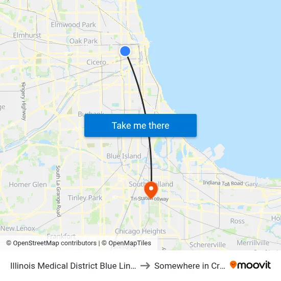 Illinois Medical District Blue Line Station (North) to Somewhere in Crete Illinois map