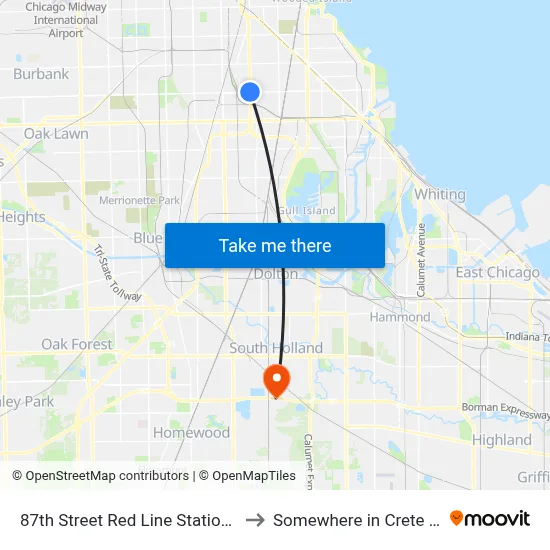 87th Street Red Line Station (West) to Somewhere in Crete Illinois map