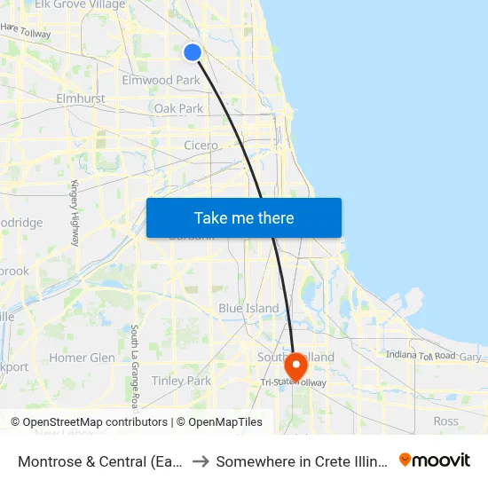 Montrose & Central (East) to Somewhere in Crete Illinois map