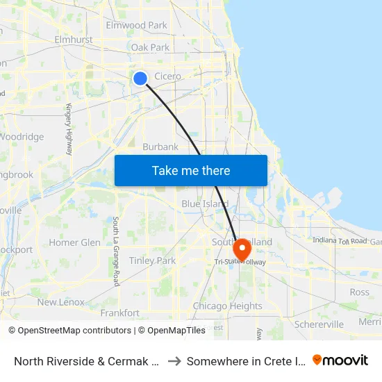 North Riverside & Cermak (North) to Somewhere in Crete Illinois map