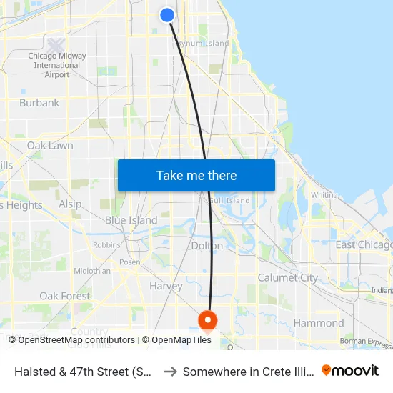 Halsted & 47th Street (South) to Somewhere in Crete Illinois map