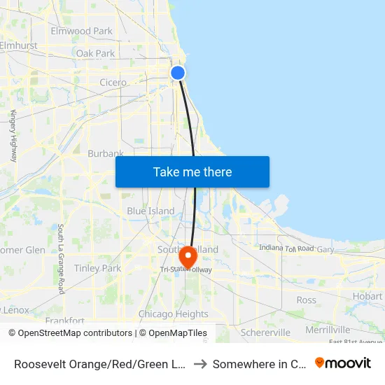 Roosevelt Orange/Red/Green Line Station (West) to Somewhere in Crete Illinois map