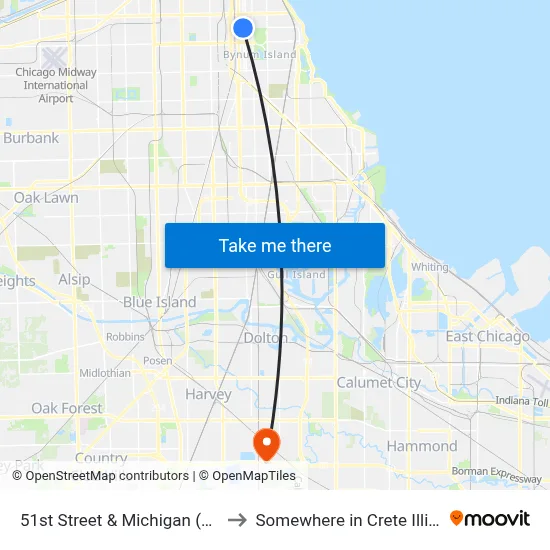 51st Street & Michigan (East) to Somewhere in Crete Illinois map