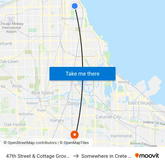 47th Street & Cottage Grove (East) to Somewhere in Crete Illinois map
