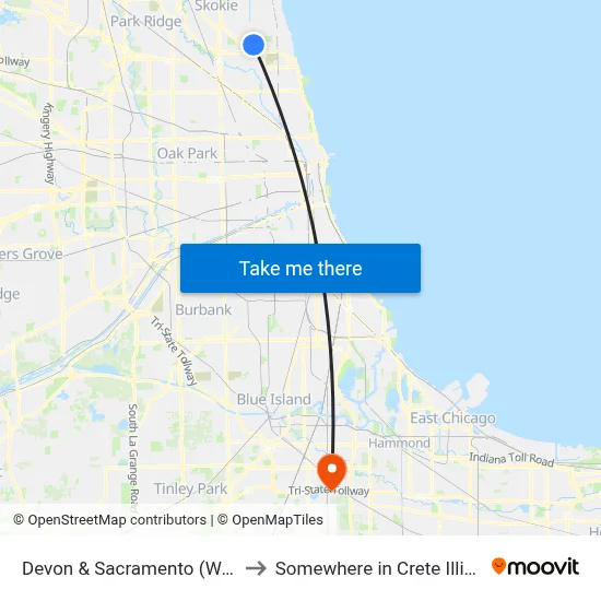 Devon & Sacramento (West) to Somewhere in Crete Illinois map