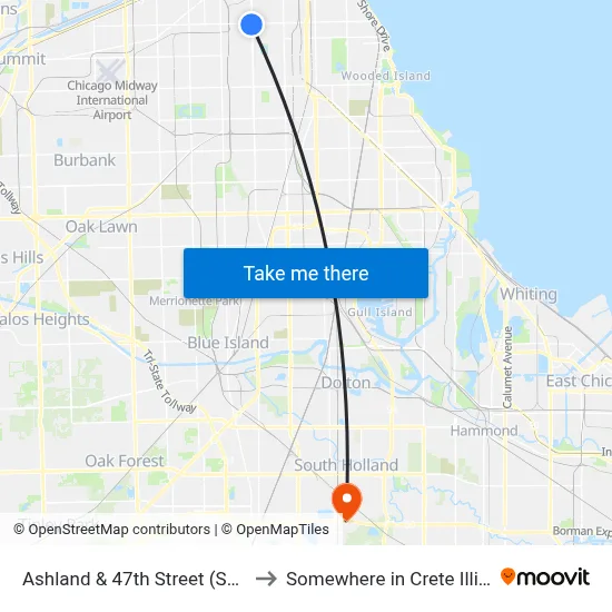 Ashland & 47th Street (South) to Somewhere in Crete Illinois map