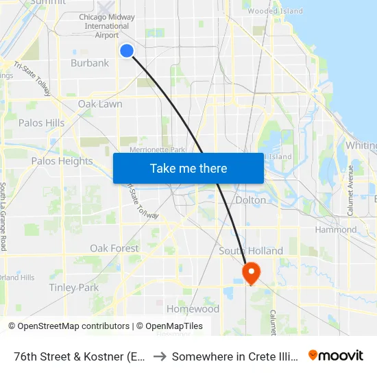 76th Street & Kostner (East) to Somewhere in Crete Illinois map