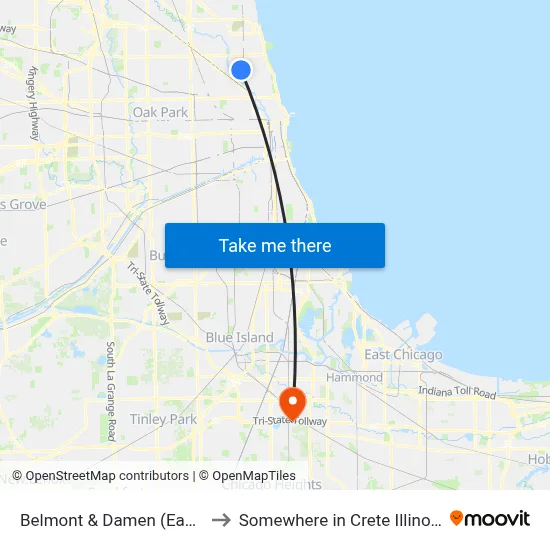 Belmont & Damen (East) to Somewhere in Crete Illinois map