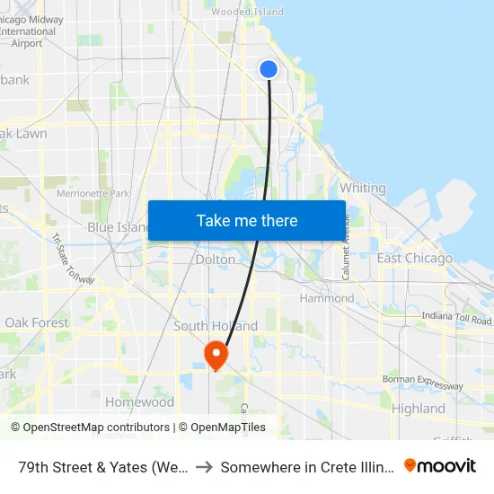 79th Street & Yates (West) to Somewhere in Crete Illinois map
