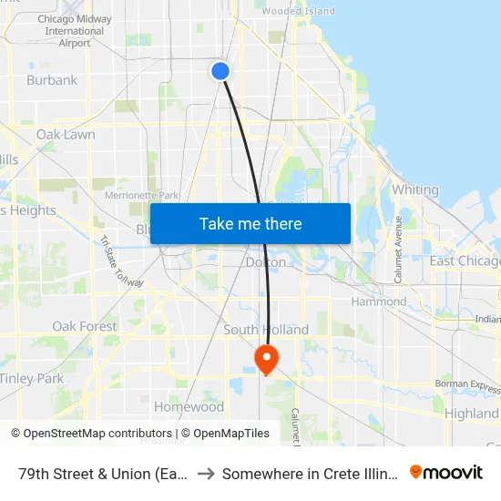 79th Street & Union (East) to Somewhere in Crete Illinois map