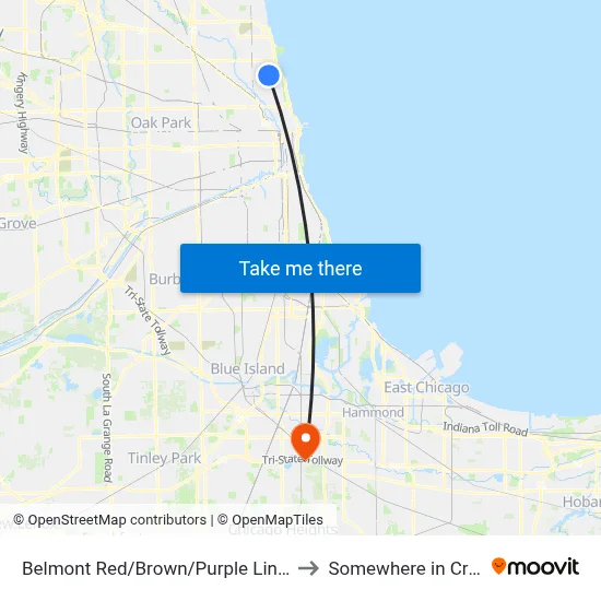 Belmont Red/Brown/Purple Line Station (West) to Somewhere in Crete Illinois map