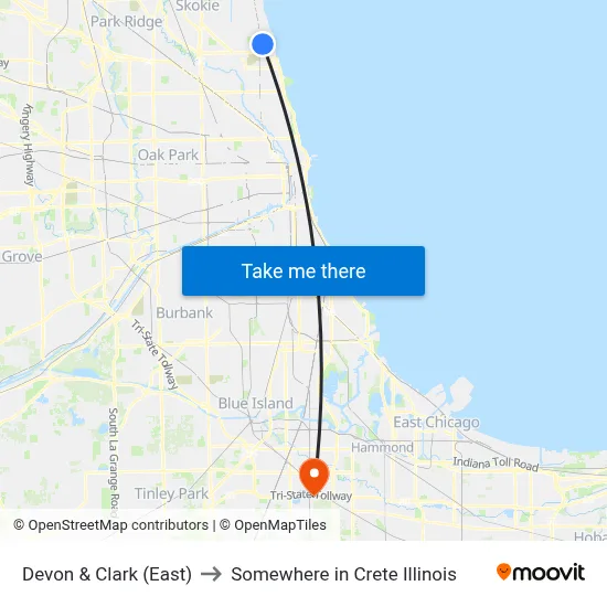 Devon & Clark (East) to Somewhere in Crete Illinois map