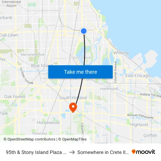 95th & Stony Island Plaza (East) to Somewhere in Crete Illinois map
