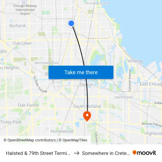 Halsted & 79th Street Terminal (East) to Somewhere in Crete Illinois map