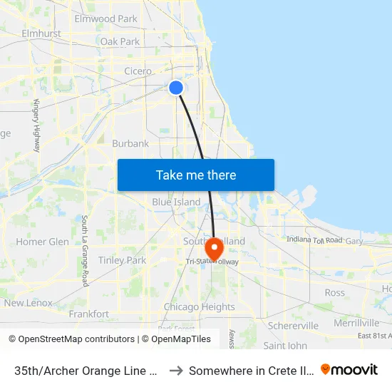 35th/Archer Orange Line Station to Somewhere in Crete Illinois map