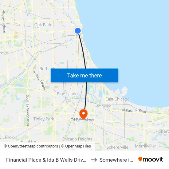 Financial Place & Ida B Wells Drive (Lasalle St Station) (North) to Somewhere in Crete Illinois map