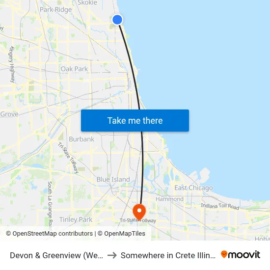 Devon & Greenview (West) to Somewhere in Crete Illinois map