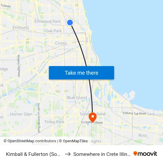 Kimball & Fullerton (South) to Somewhere in Crete Illinois map