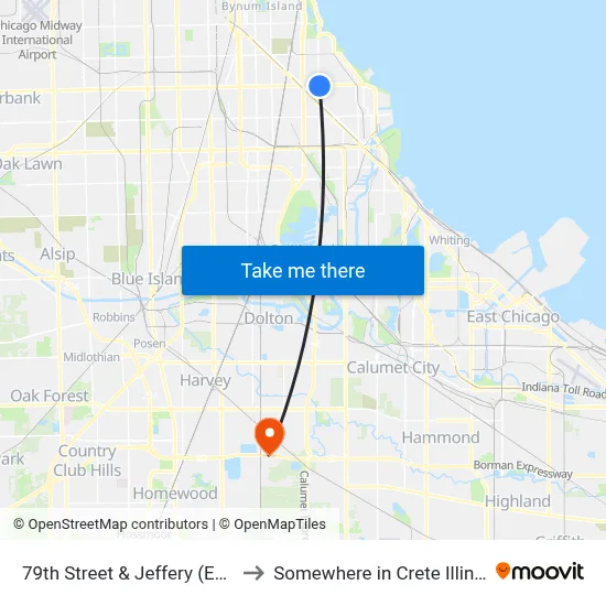 79th Street & Jeffery (East) to Somewhere in Crete Illinois map