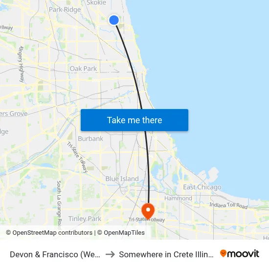Devon & Francisco (West) to Somewhere in Crete Illinois map