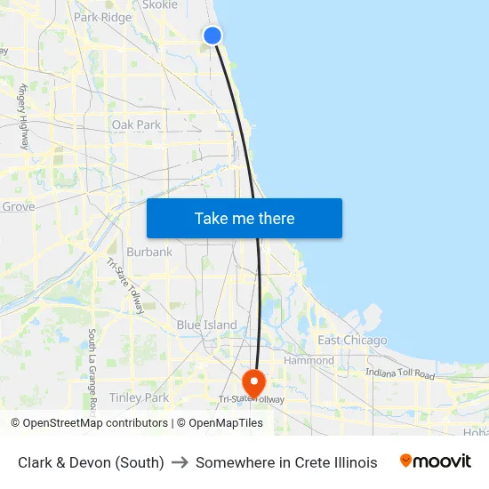 Clark & Devon (South) to Somewhere in Crete Illinois map