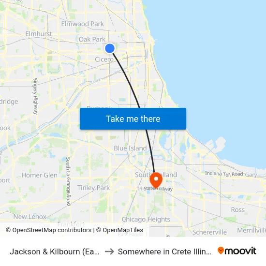 Jackson & Kilbourn (East) to Somewhere in Crete Illinois map