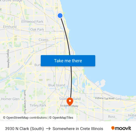 3930 N Clark (South) to Somewhere in Crete Illinois map