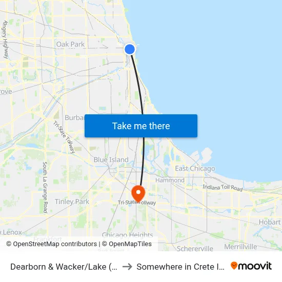 Dearborn & Wacker/Lake (North) to Somewhere in Crete Illinois map