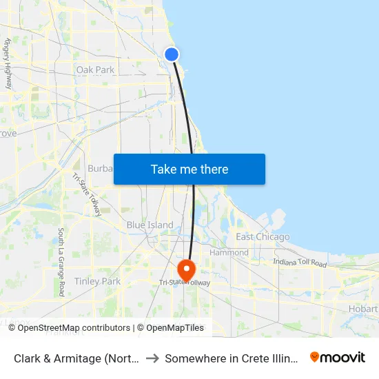 Clark & Armitage (North) to Somewhere in Crete Illinois map